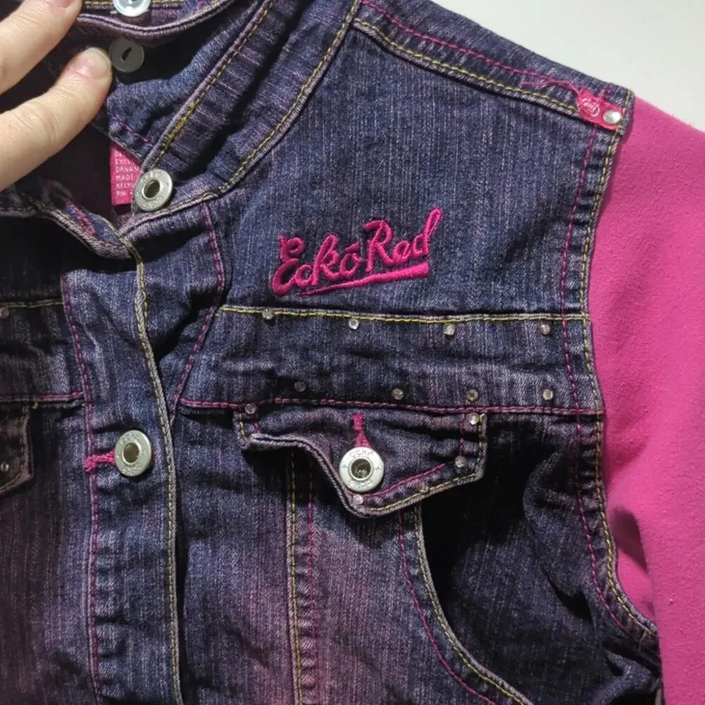 Eckō Ecko Red Girls Denim Sweatshirt Jacket Size M Pink Embroidered Rhinestone